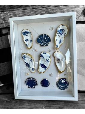 13” X 17” Ocean Treasures Oyster Shell and Seashell Shadow Box in Navy White